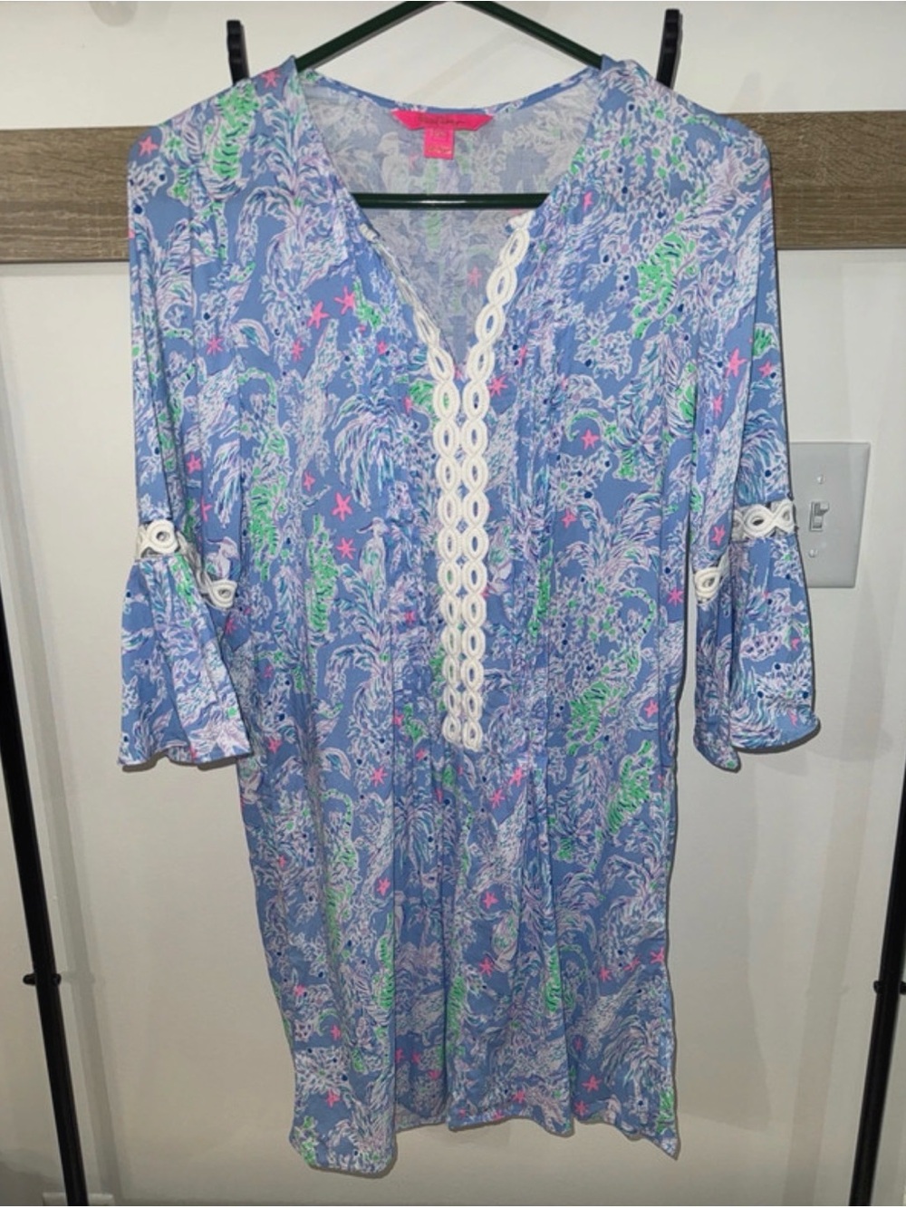 Lilly Pulitzer Light Blue Floral-Print Midi Dress with White Lace Trim